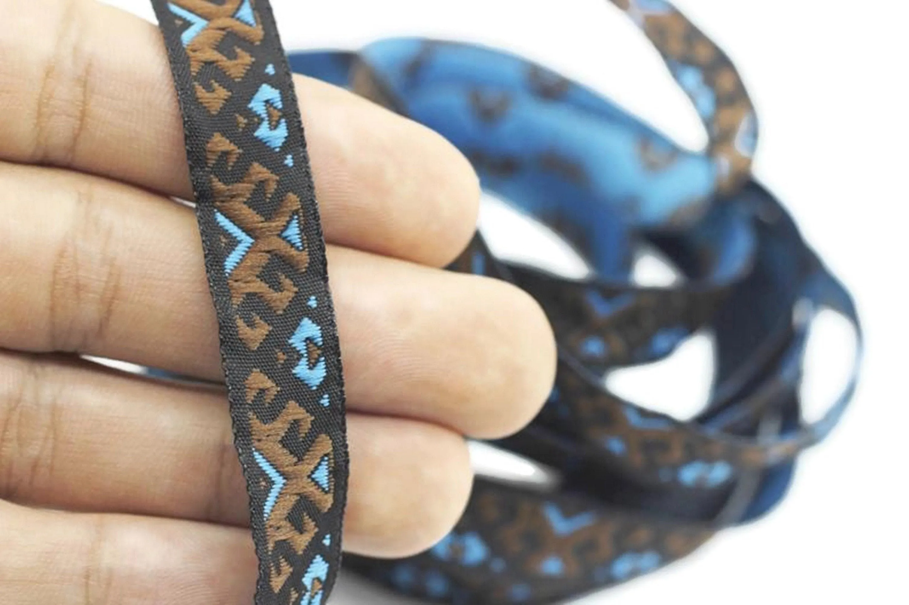 12 mm Blue/Brown embroidered ribbon trim, 0.47inc, jacquard ribbons, french ribbon, Jacquard trim, sewing trim, Woven Ribbon, trimming 12895