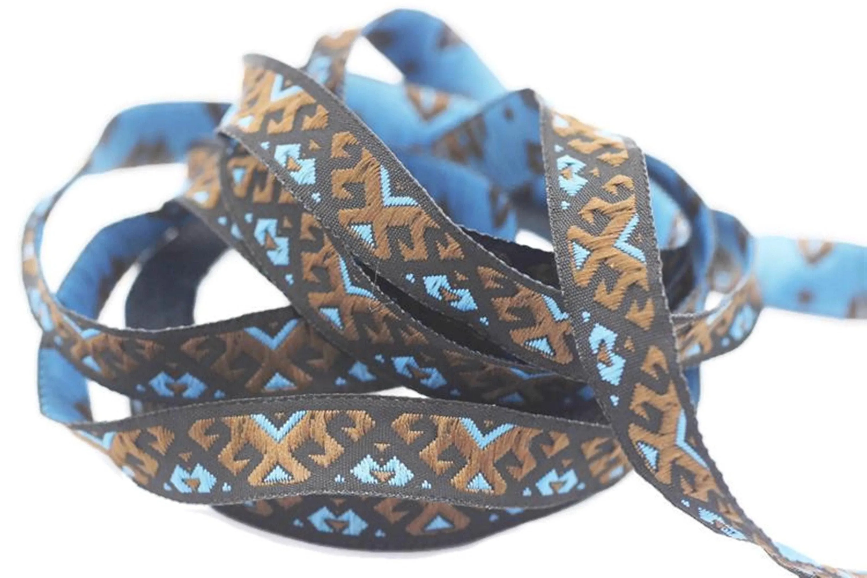 12 mm Blue/Brown embroidered ribbon trim, 0.47inc, jacquard ribbons, french ribbon, Jacquard trim, sewing trim, Woven Ribbon, trimming 12895