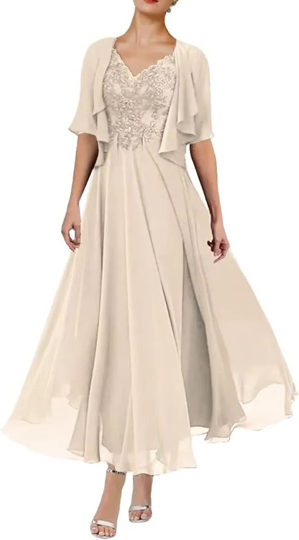 2 Piece Mother of The Bride Dresses for Wedding Tea Length 1/2 Sleeves Formal Dress for Women 2024 with Jacket