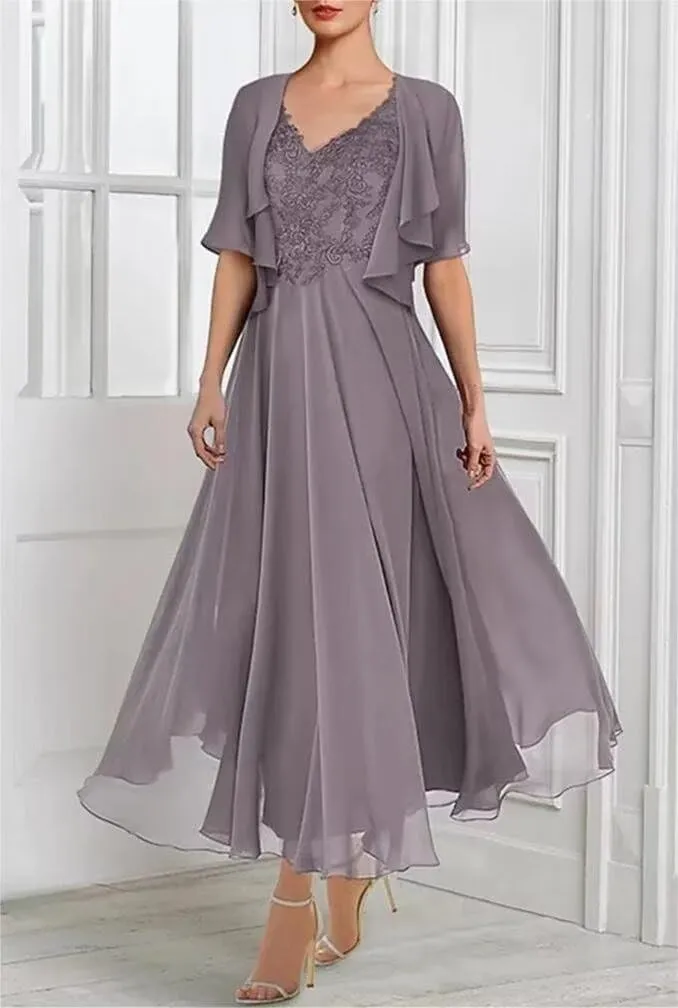 2 Piece Mother of The Bride Dresses for Wedding Tea Length 1/2 Sleeves Formal Dress for Women 2024 with Jacket
