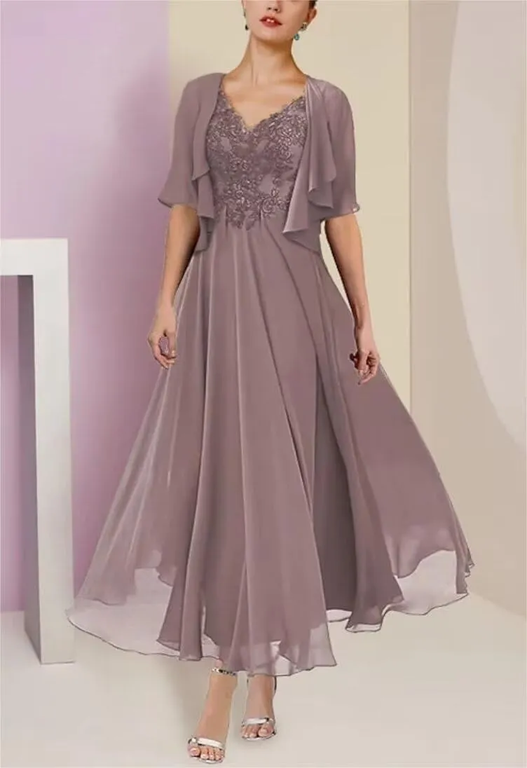 2 Piece Mother of The Bride Dresses for Wedding Tea Length 1/2 Sleeves Formal Dress for Women 2024 with Jacket