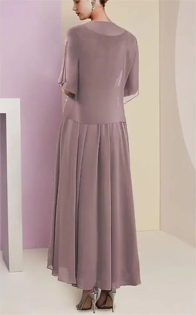 2 Piece Mother of The Bride Dresses for Wedding Tea Length 1/2 Sleeves Formal Dress for Women 2024 with Jacket