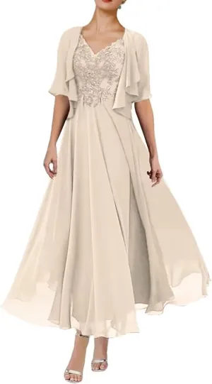 2 Piece Mother of The Bride Dresses for Wedding Tea Length 1/2 Sleeves Formal Dress for Women 2024 with Jacket