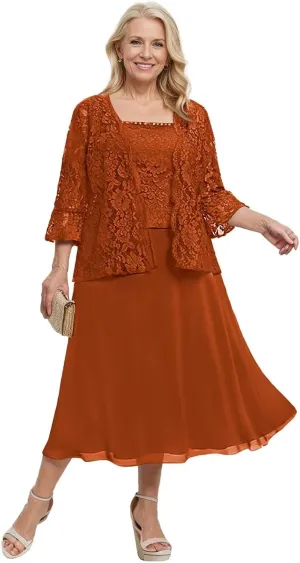 2 Pieces Mother of The Bride Dresses for Wedding 3/4 Sleeve Lace Appliques Chiffon Formal Evening Gown with Jacket