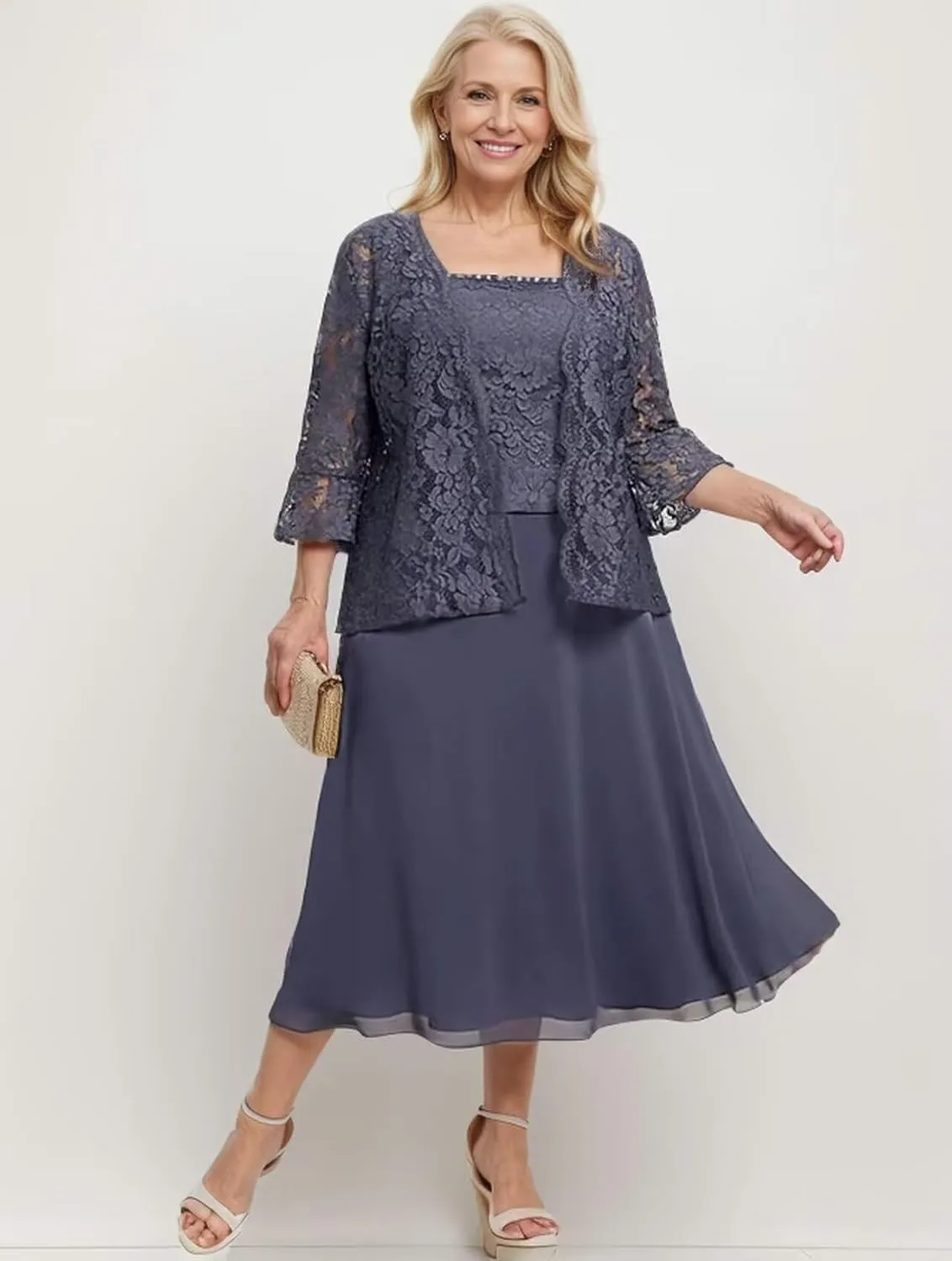 2 Pieces Mother of The Bride Dresses for Wedding 3/4 Sleeve Lace Appliques Chiffon Formal Evening Gown with Jacket