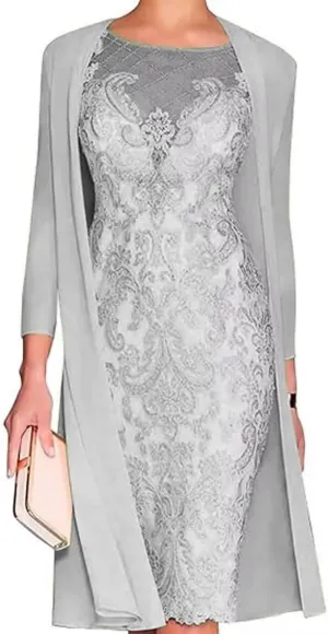 2 Pieces Mother of The Bride Dresses with Jackets Long Sleeves Laces Chiffon Tea Length Formal Evening Gowns Silver