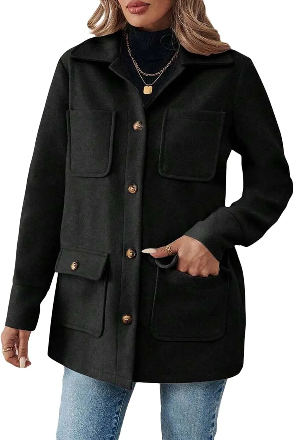 2024 Womens Fall Winter Warm Long Wool Jackets Pea Coats Casual Solid Fashion Outerwear With Pockets