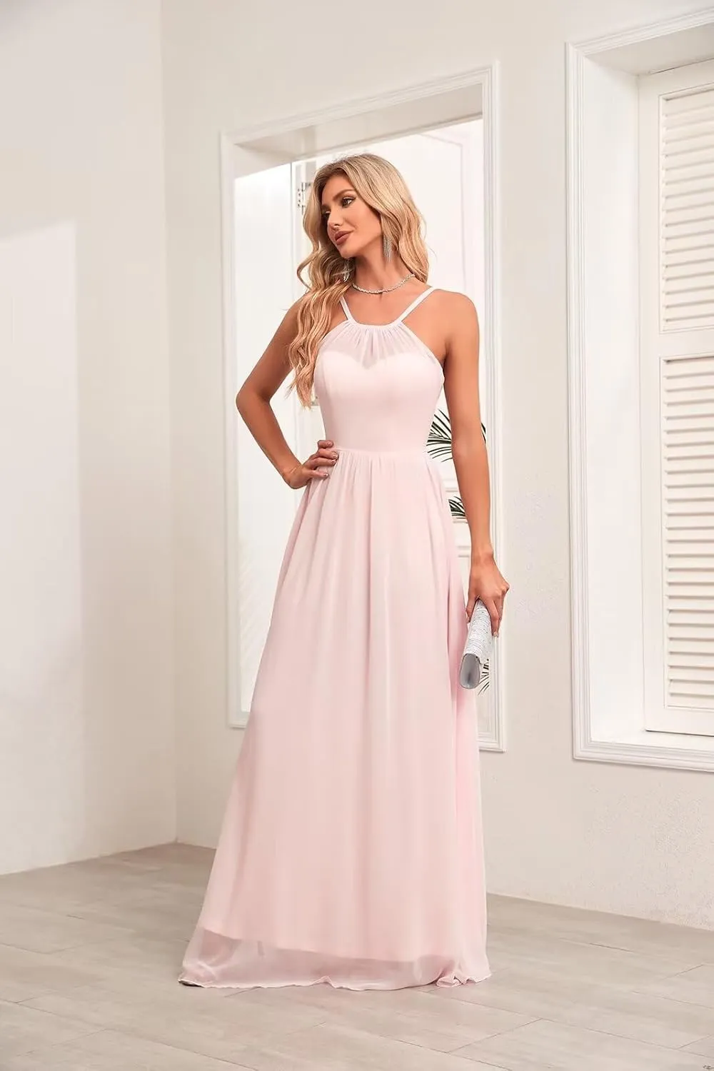 2024 Womens Halter Bridesmaid Wedding Guests Dresses Long A-Line Chiffon Prom Dresses