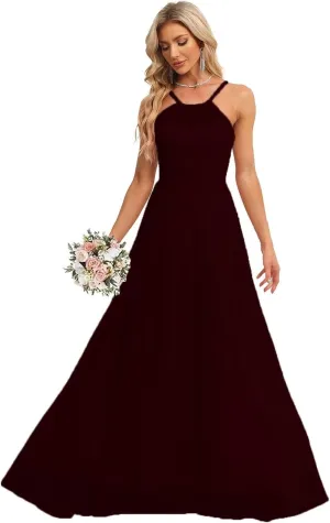 2024 Womens Halter Bridesmaid Wedding Guests Dresses Long A-Line Chiffon Prom Dresses