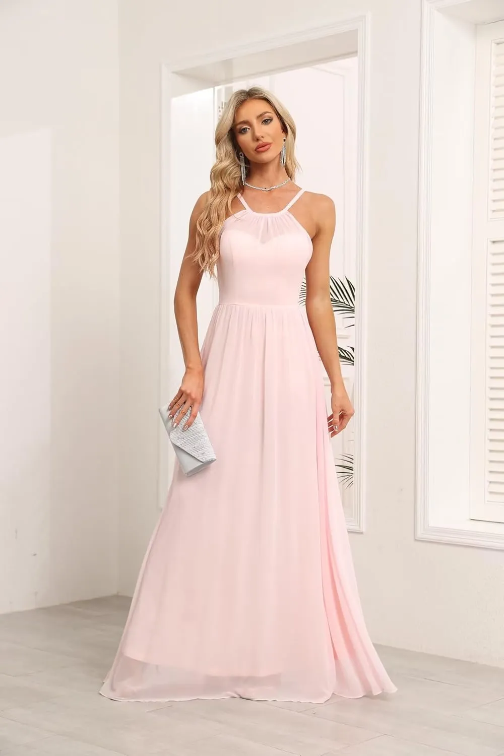 2024 Womens Halter Bridesmaid Wedding Guests Dresses Long A-Line Chiffon Prom Dresses