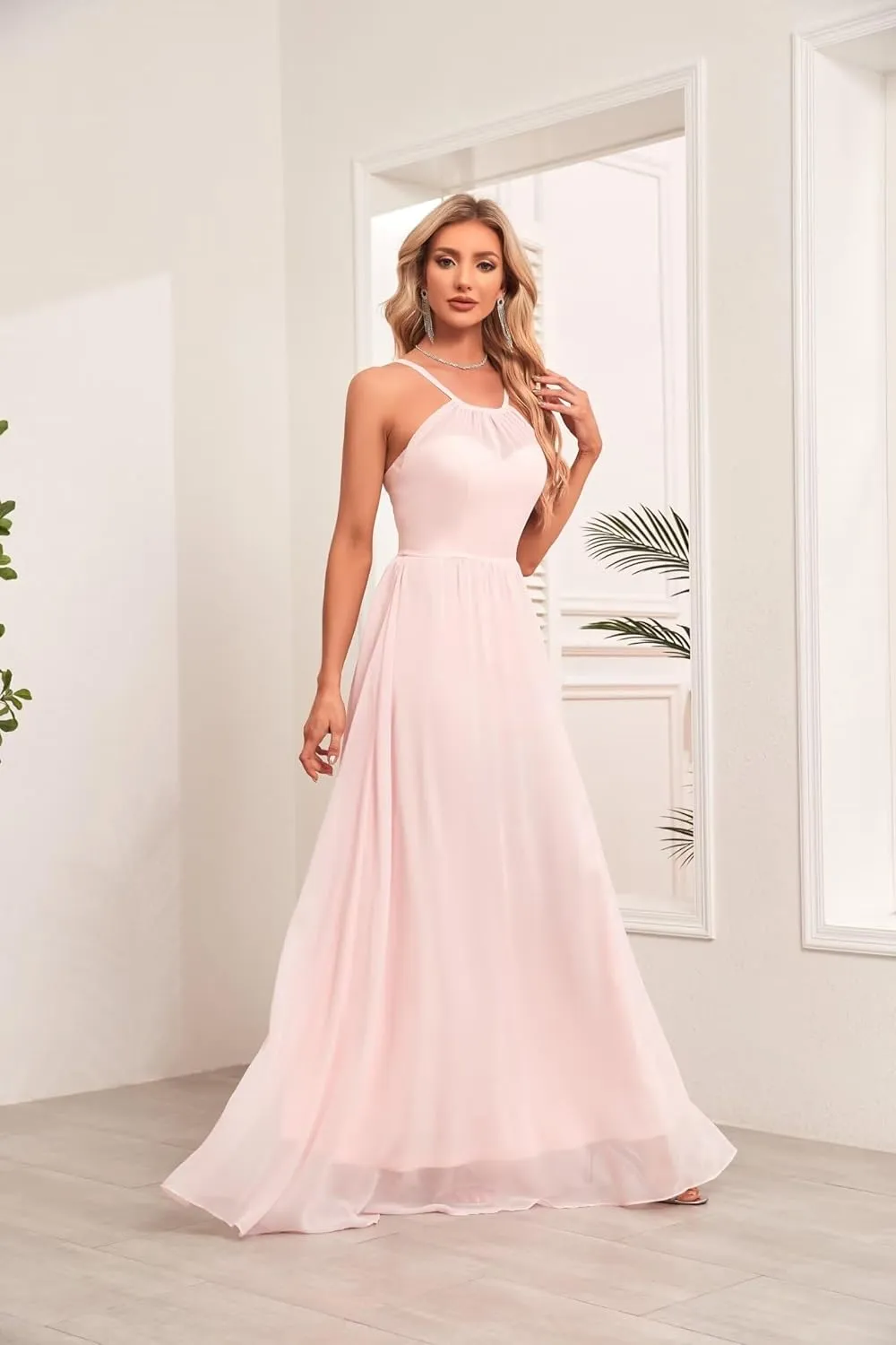 2024 Womens Halter Bridesmaid Wedding Guests Dresses Long A-Line Chiffon Prom Dresses