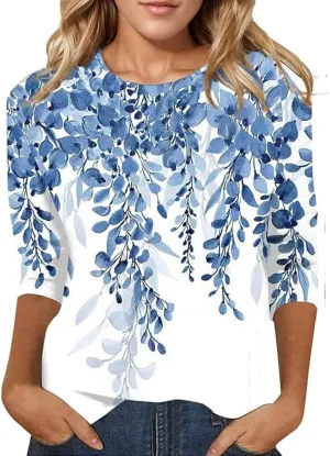 3/4 Sleeve Tops for Women Dressy Casual Blouses Fall Fashion Ethnic Graphic Crew Neck Tunic T Shirts