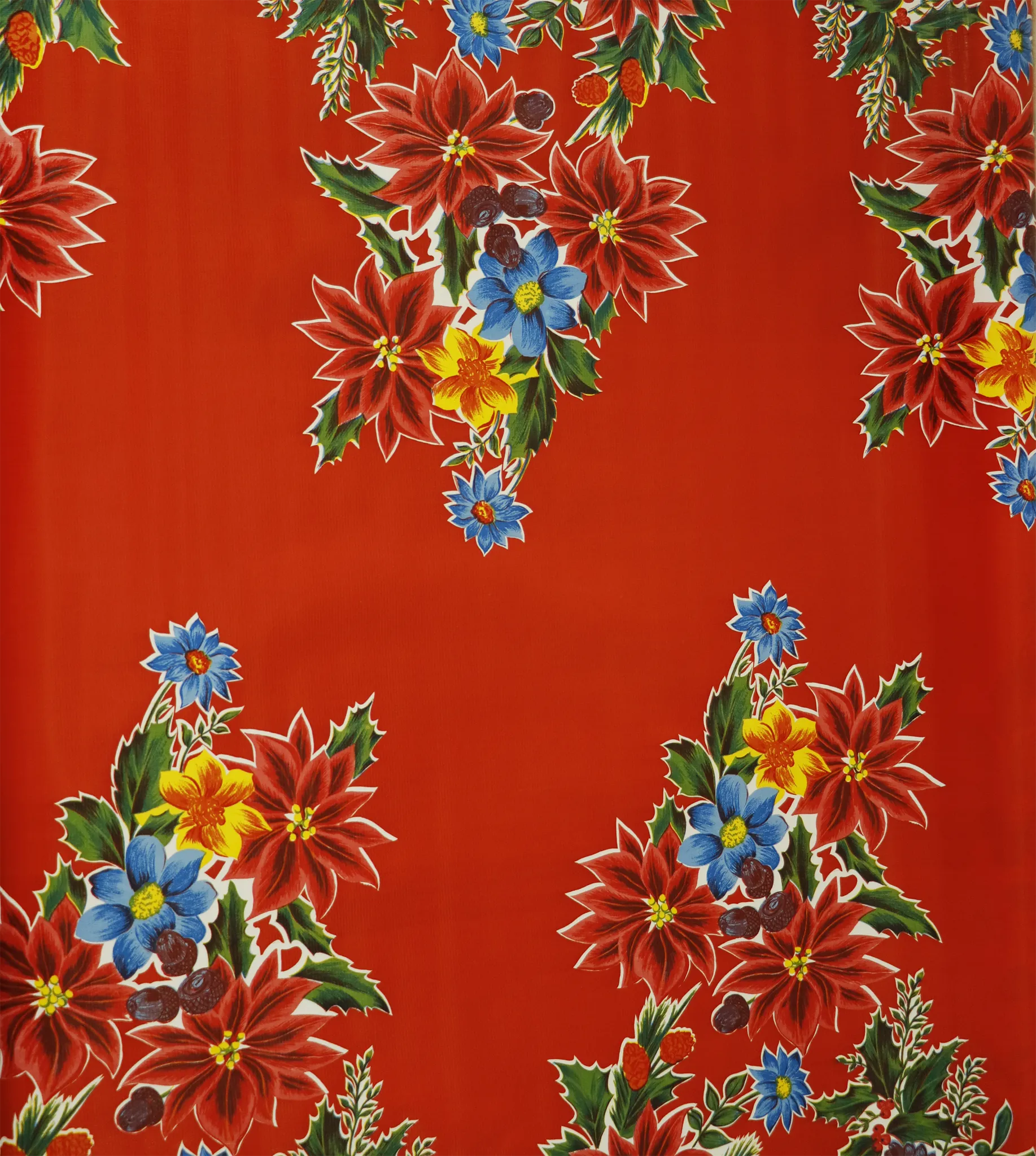 90" Round Christmas Oilcloth Tablecloth Poinsettia on Red