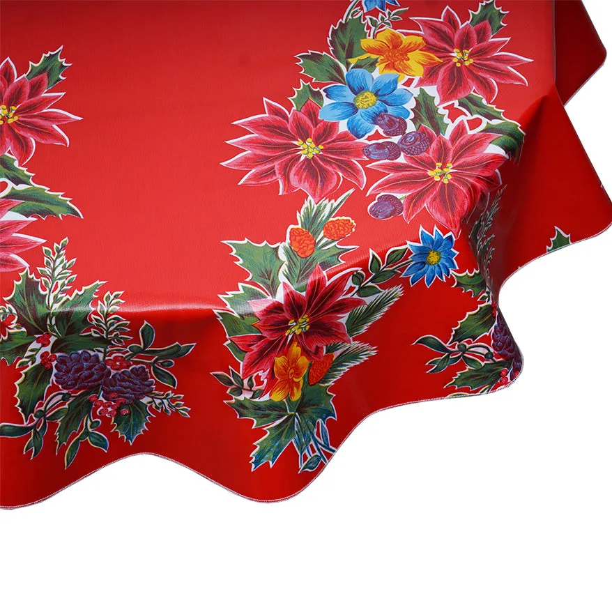 90" Round Christmas Oilcloth Tablecloth Poinsettia on Red