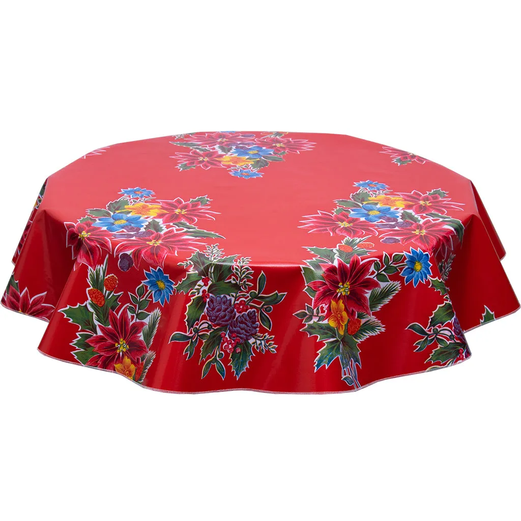 90" Round Christmas Oilcloth Tablecloth Poinsettia on Red