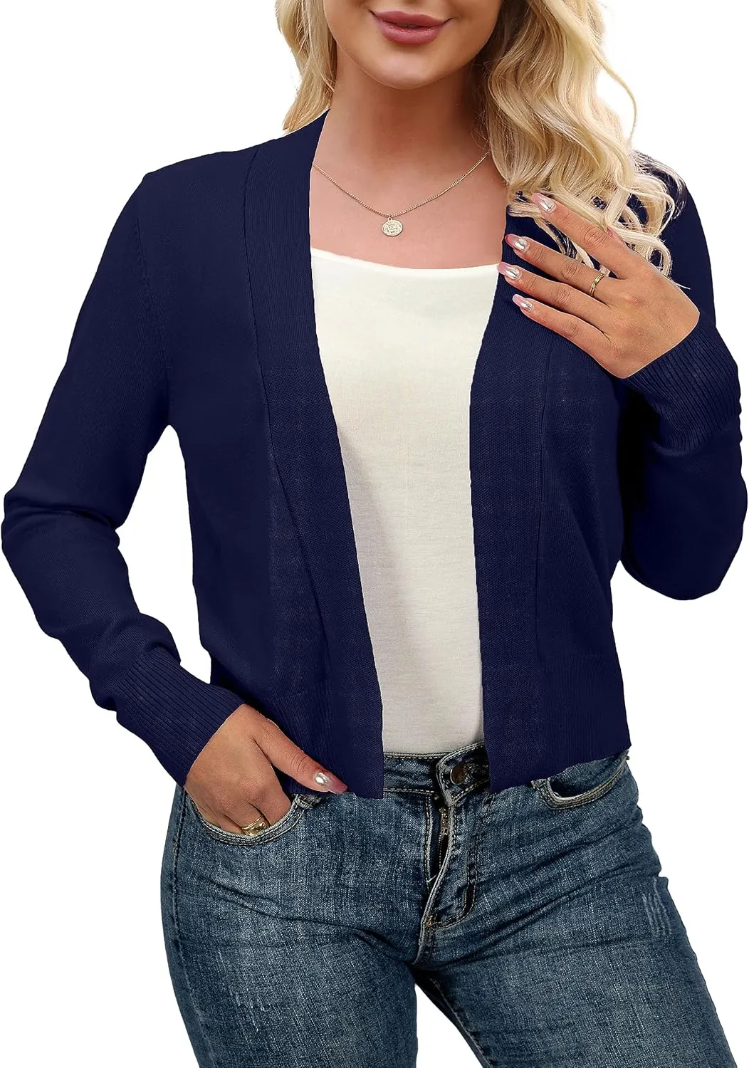 AAMILIFE Women Long Sleeve Cropped Knit Sweater Cardigans Open Front Bolero Shrug