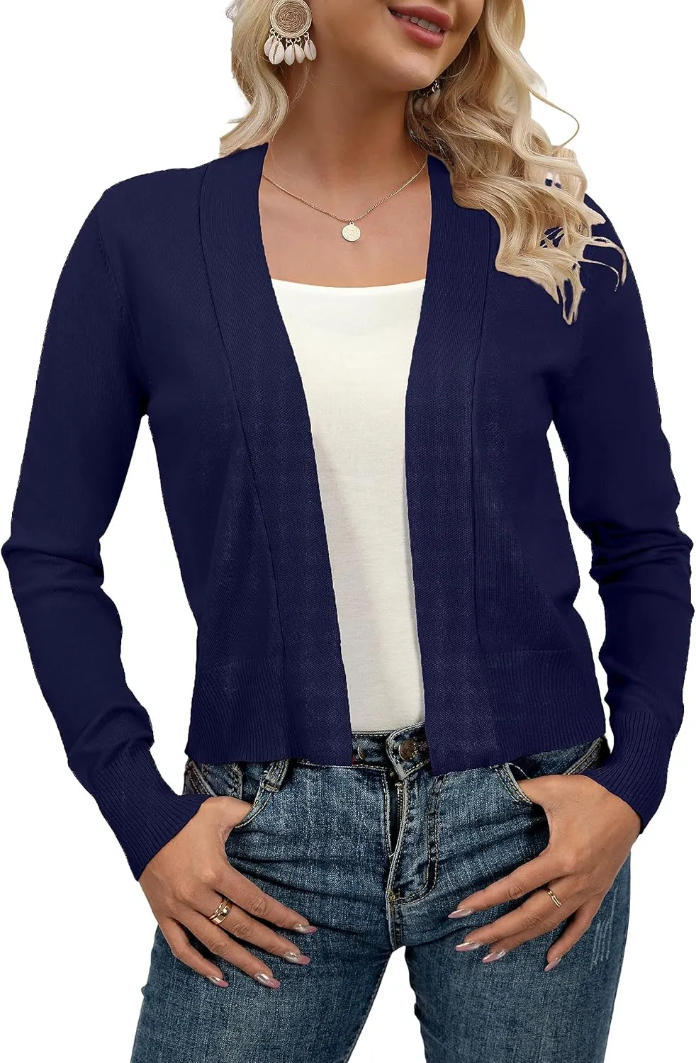 AAMILIFE Women Long Sleeve Cropped Knit Sweater Cardigans Open Front Bolero Shrug