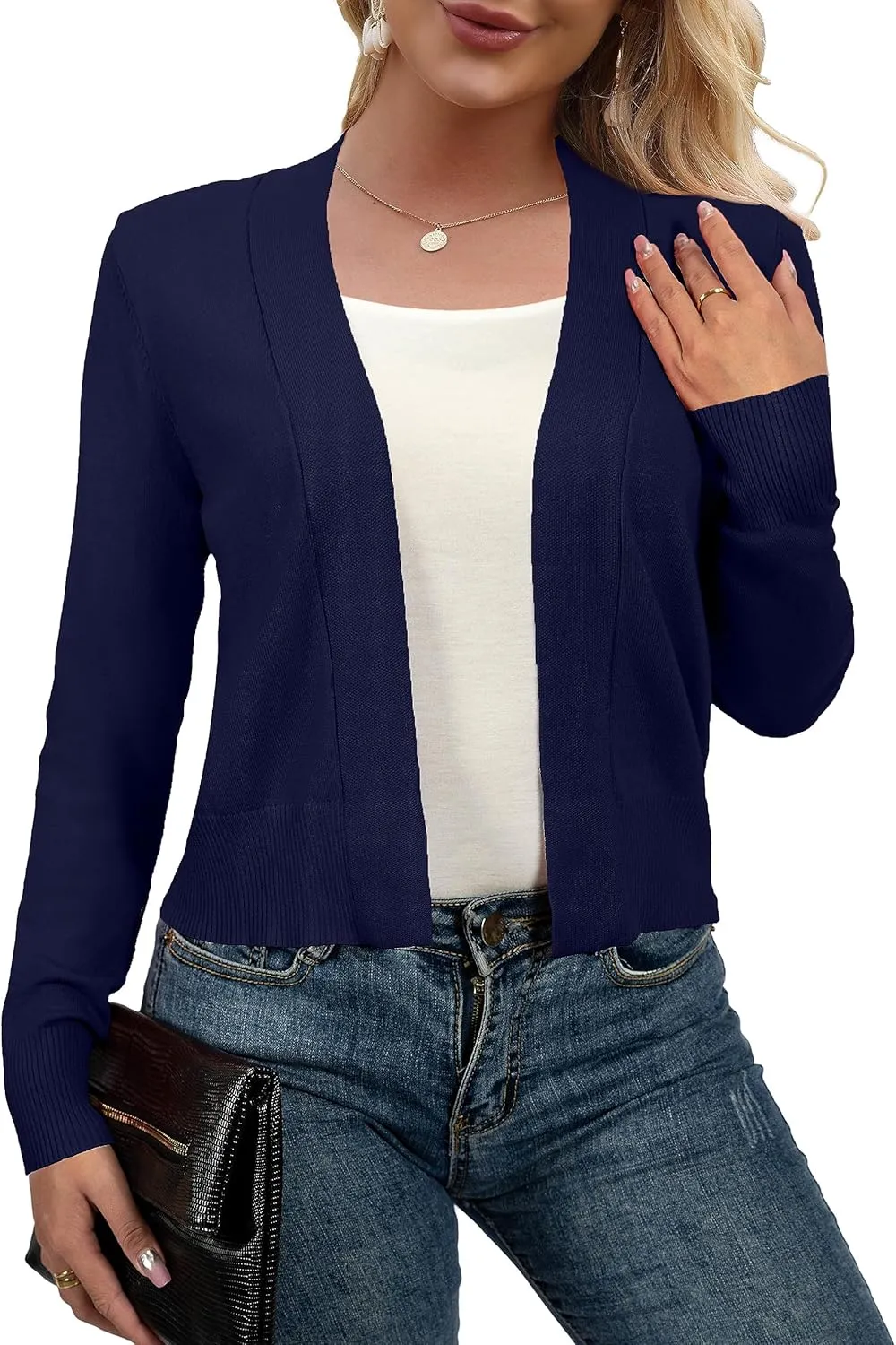 AAMILIFE Women Long Sleeve Cropped Knit Sweater Cardigans Open Front Bolero Shrug