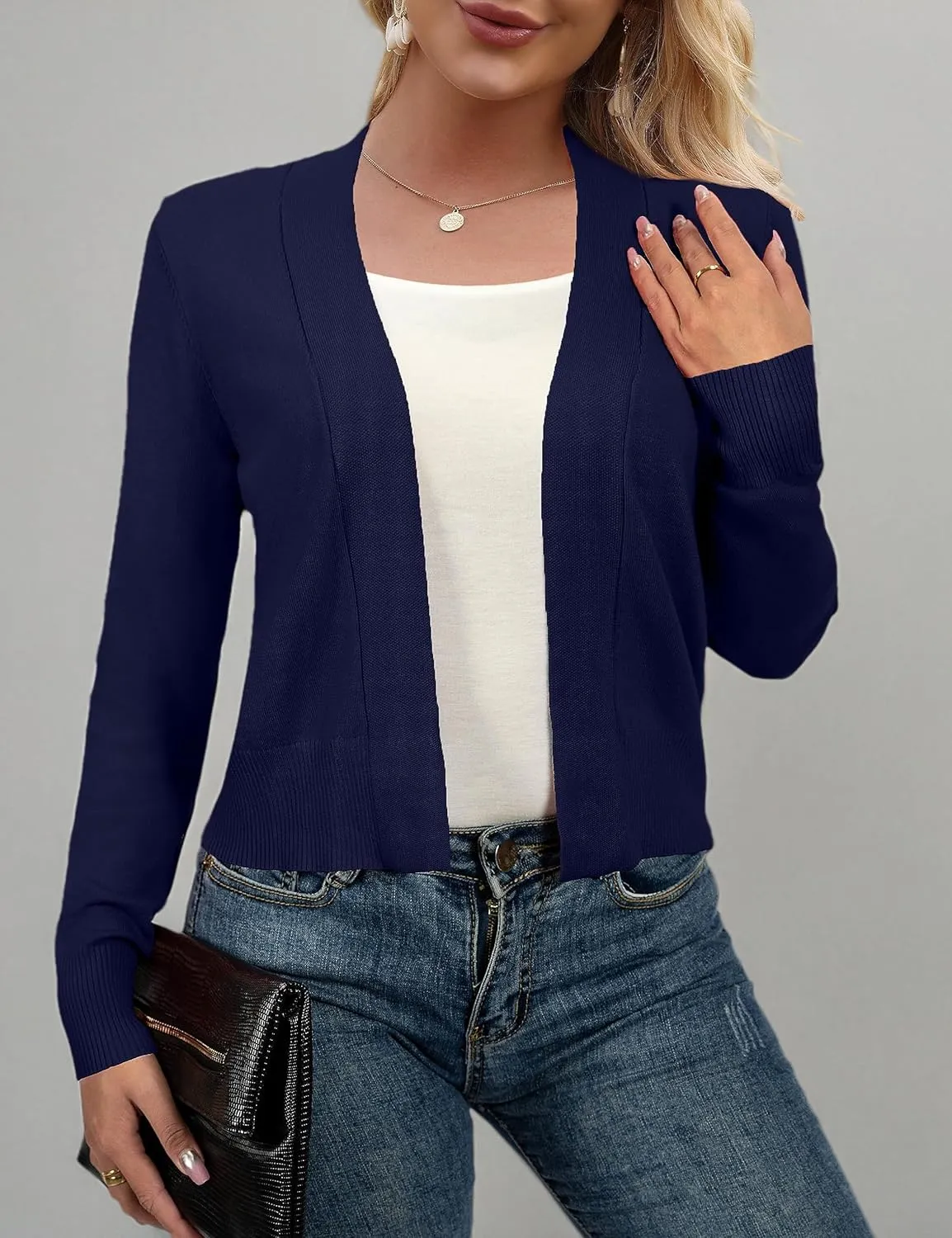 AAMILIFE Women Long Sleeve Cropped Knit Sweater Cardigans Open Front Bolero Shrug