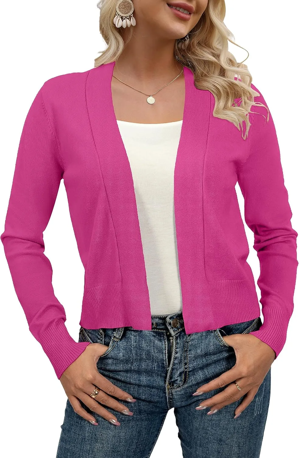AAMILIFE Women Long Sleeve Cropped Knit Sweater Cardigans Open Front Bolero Shrug
