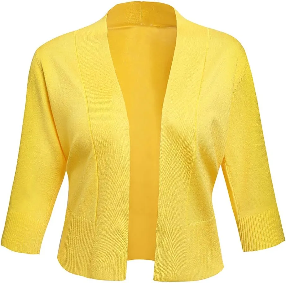 AAMILIFE Women's 3/4 Sleeve Cropped Cardigans Sweaters Jackets Open Front Short Shrugs for Dresses