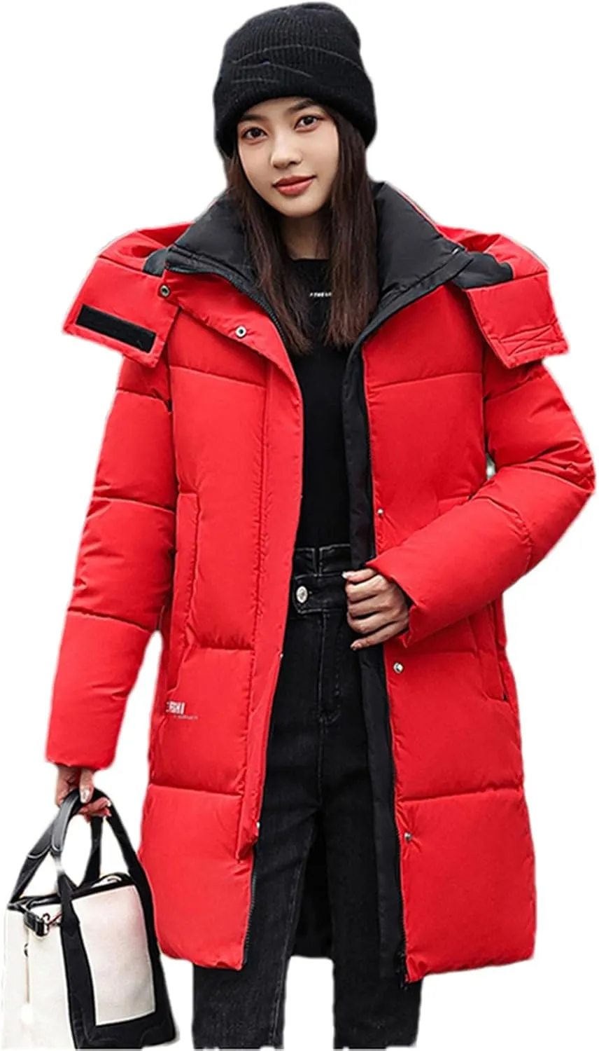 Adhdyuud Women Casual Snow Coat Cotton Padded Puffer Jacket Long Parkas Hooded Warm Outerwear
