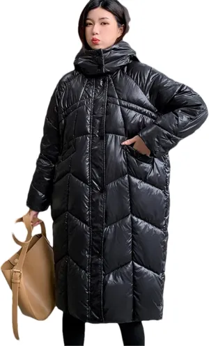 Adhdyuud Women Cotton Padded Parkas Vintage Hooded Long Jacket Winter Single Breasted Coats