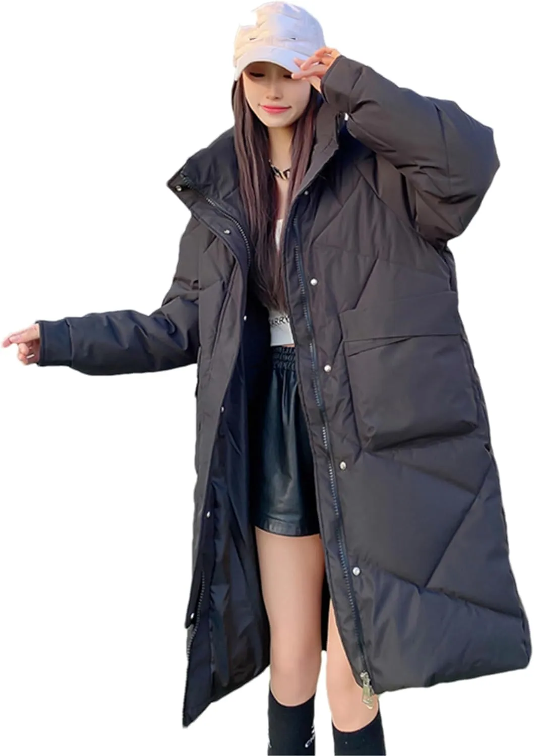 Adhdyuud Women Long Parkas Hooded Thicken Jacket Warm Snow Coat Cotton Padded Loose Outwear
