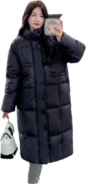 Adhdyuud Women Thick Warm Long Down Jackets Loose Stand Collar Puffer Jacket Cotton Padded Parkas Coats