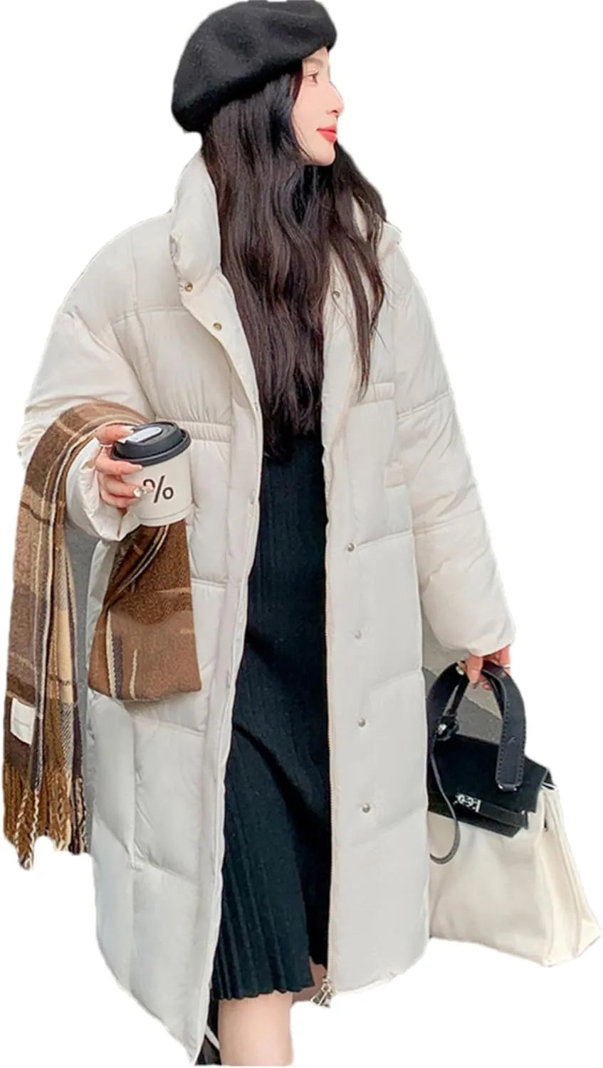 Adhdyuud Women Thick Warm Long Down Jackets Loose Stand Collar Puffer Jacket Cotton Padded Parkas Coats