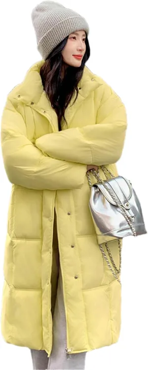 Adhdyuud Women Thick Warm Long Down Jackets Loose Stand Collar Puffer Jacket Cotton Padded Parkas Coats
