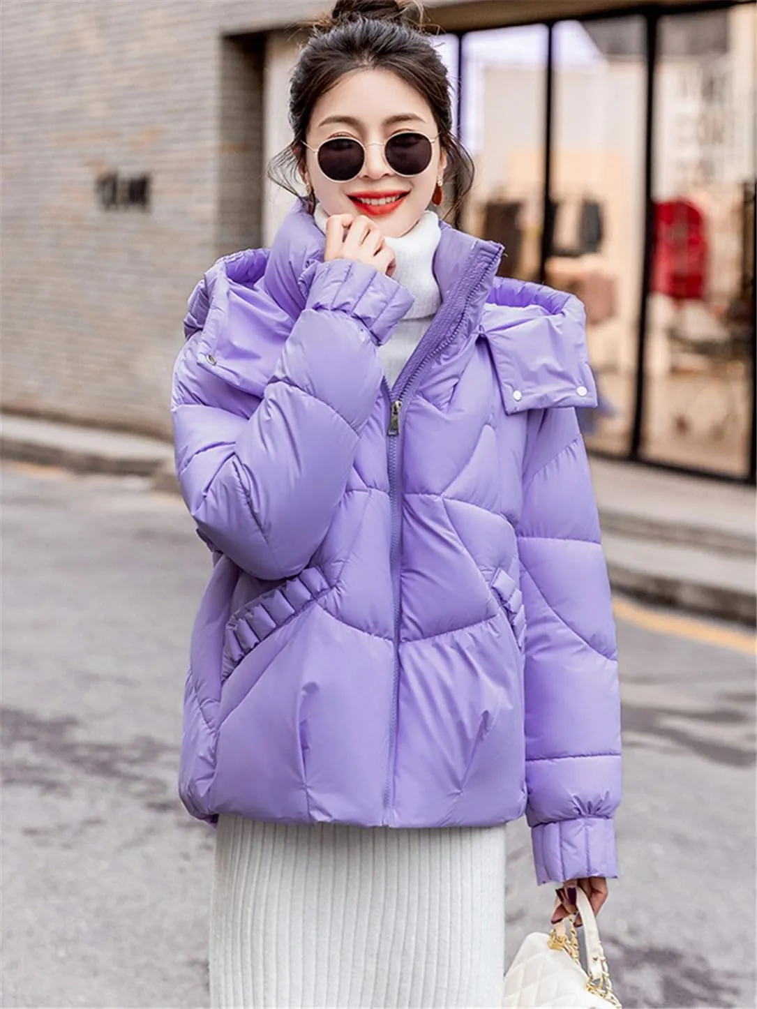 Adhdyuud Women's Down Jackets Ultra Light Warm Casual Coat Puffer Hooded Parka Short Cotton Padded Overcoat
