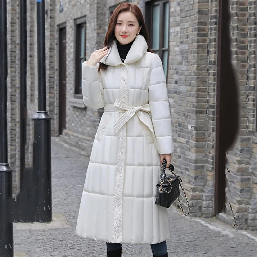 Adhdyuud Women's Down Jackets Warm Casual Coat Cotton Padded Parka Puffer Jacket Belt Parka Overcoat