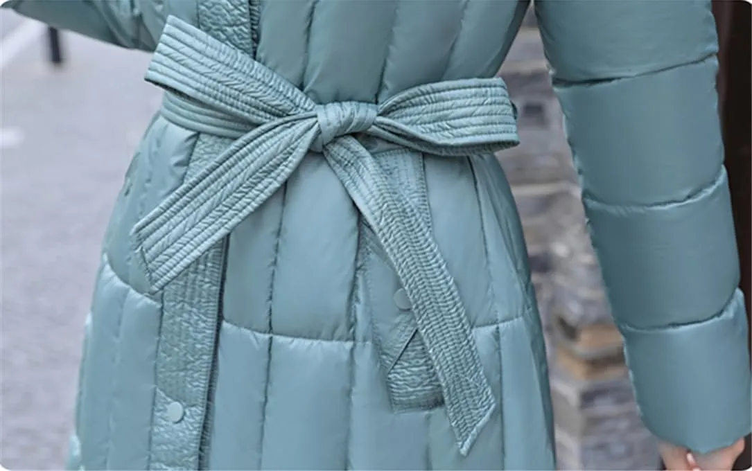 Adhdyuud Women's Down Jackets Warm Casual Coat Cotton Padded Parka Puffer Jacket Belt Parka Overcoat