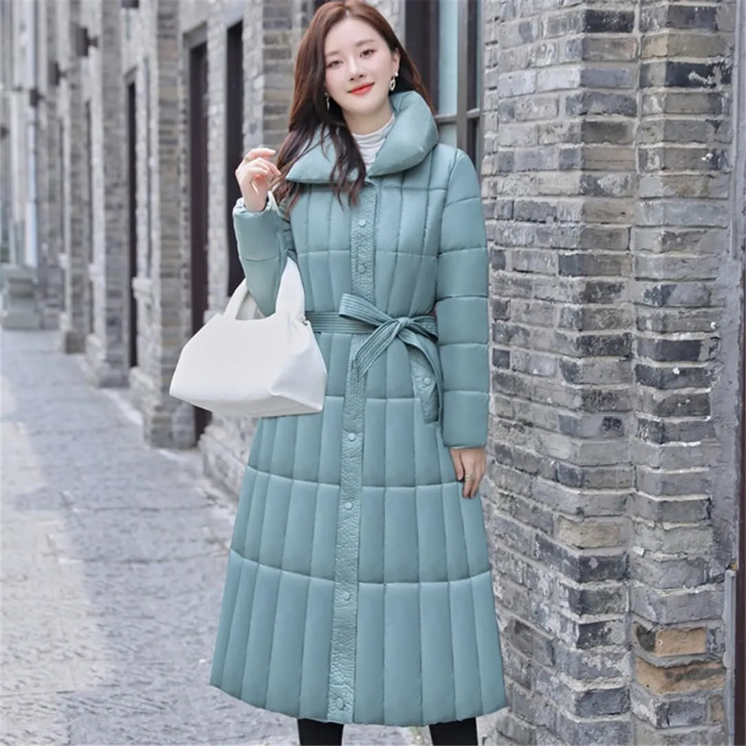 Adhdyuud Women's Down Jackets Warm Casual Coat Cotton Padded Parka Puffer Jacket Belt Parka Overcoat