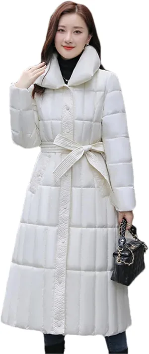 Adhdyuud Women's Down Jackets Warm Casual Coat Cotton Padded Parka Puffer Jacket Belt Parka Overcoat