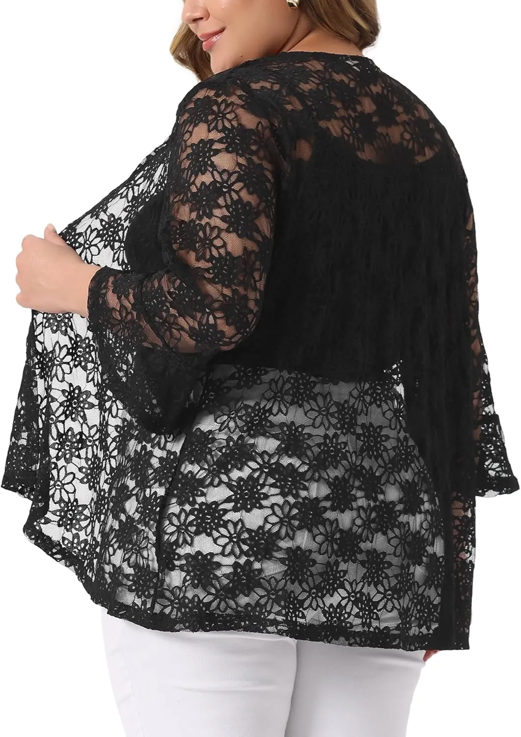 Agnes Orinda Plus Size Cardigans for Women Open Front 3/4 Bell Sleeve Sheer Lightweight Lace Cover Up
