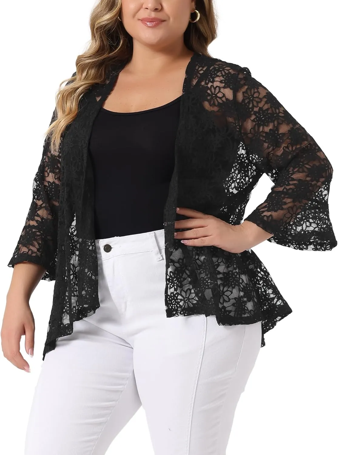 Agnes Orinda Plus Size Cardigans for Women Open Front 3/4 Bell Sleeve Sheer Lightweight Lace Cover Up