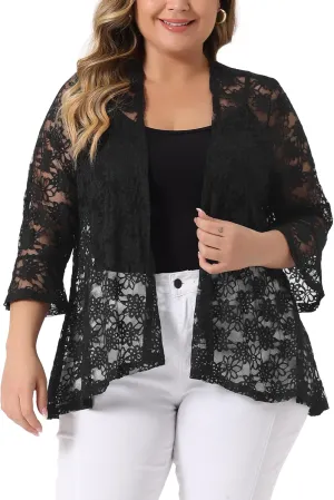 Agnes Orinda Plus Size Cardigans for Women Open Front 3/4 Bell Sleeve Sheer Lightweight Lace Cover Up
