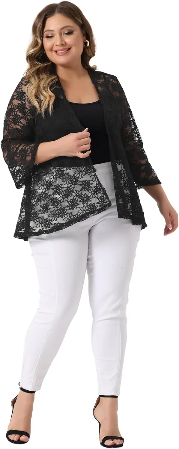 Agnes Orinda Plus Size Cardigans for Women Open Front 3/4 Bell Sleeve Sheer Lightweight Lace Cover Up