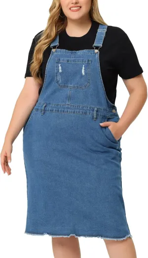 Agnes Orinda Women's Plus Size Overalls Dresses Jean Skirt Distressed Racerback Suspender Denim Overall Dress