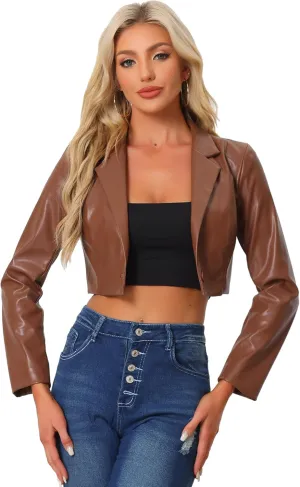 Allegra K Cropped Leather Jacket for Women's PU Casual Moto Jackets