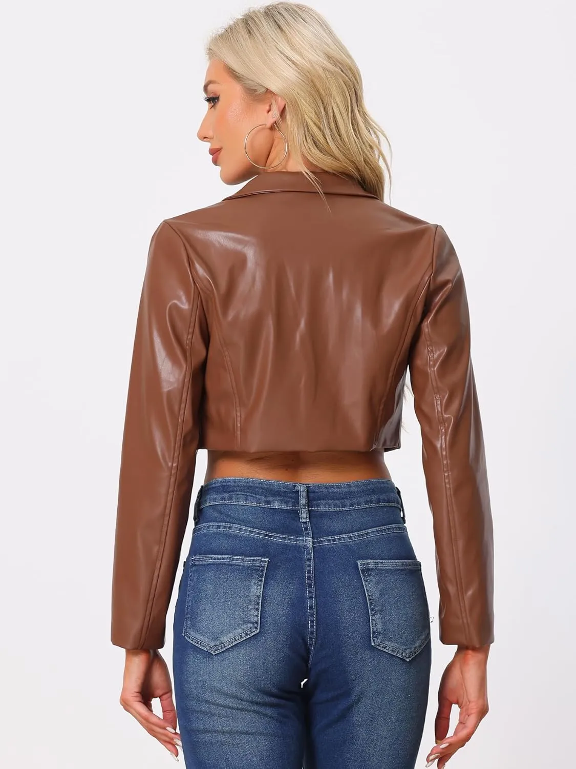 Allegra K Cropped Leather Jacket for Women's PU Casual Moto Jackets