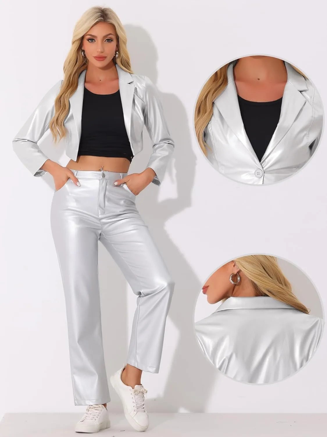 Allegra K Cropped Leather Jacket for Women's PU Casual Moto Jackets
