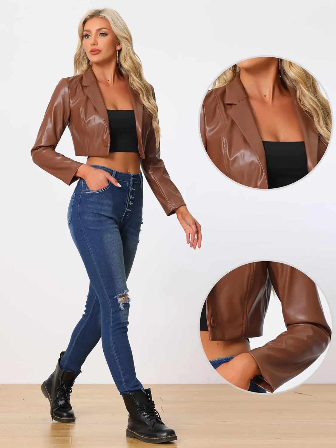 Allegra K Cropped Leather Jacket for Women's PU Casual Moto Jackets