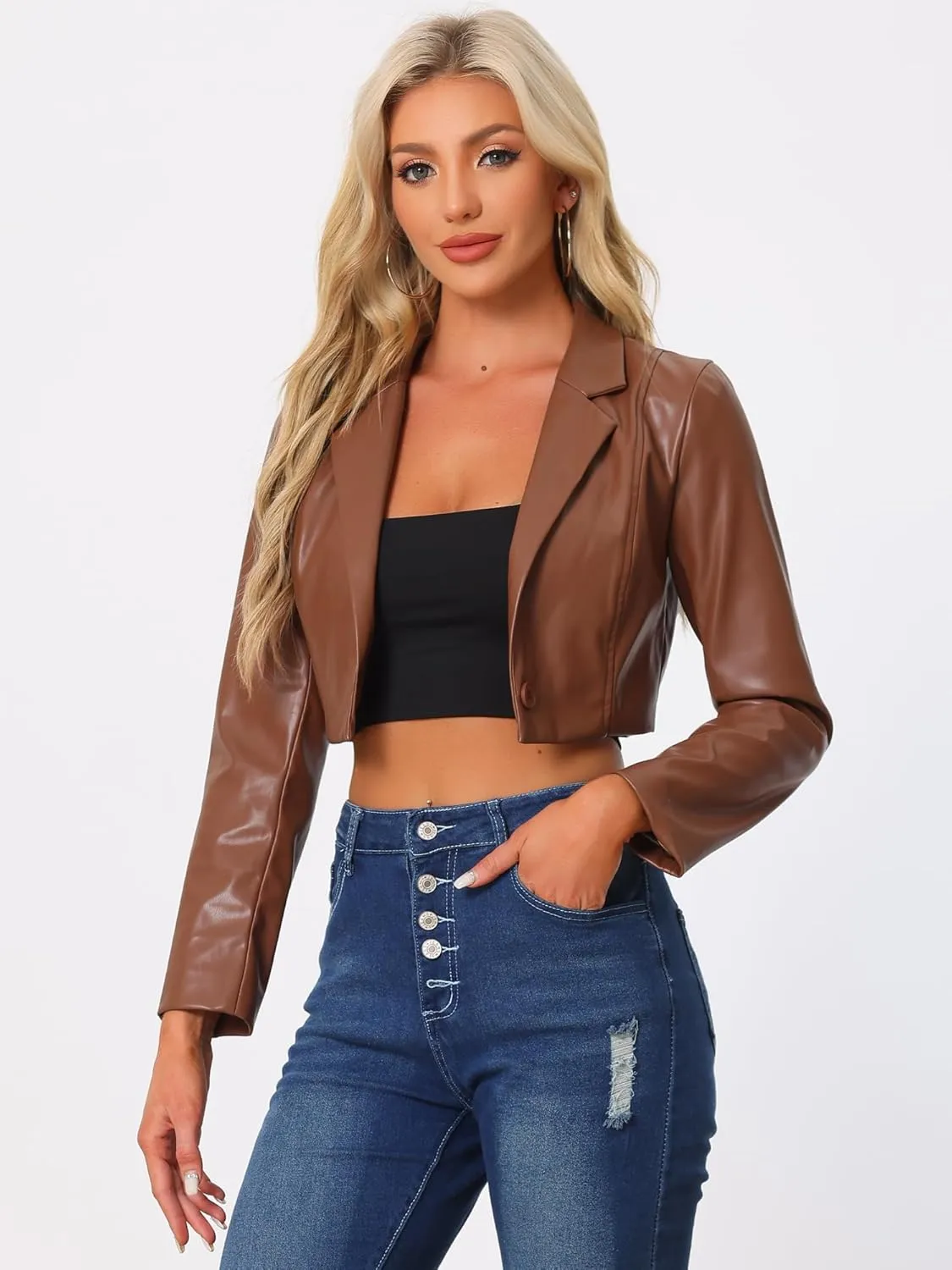 Allegra K Cropped Leather Jacket for Women's PU Casual Moto Jackets