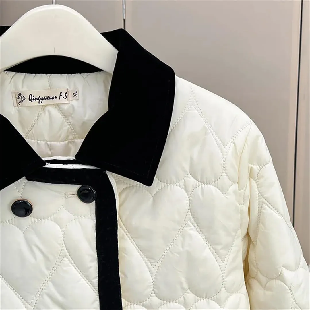 Alloaone Women Contrast Color Chic Cotton-Padded Plus Size Warm Heart Shaped Parkas Coat