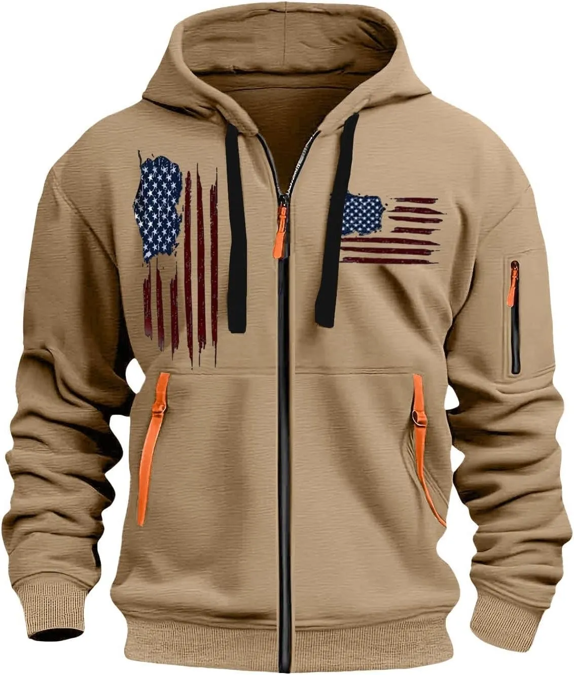 American Flag Hoodie Hoodies for Men Loose Print Zipper Long Sleeved Hoodie Loose Fit Heavyweight American Flag