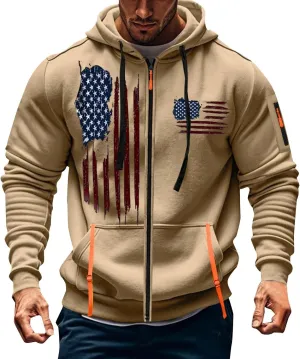 American Flag Hoodie Hoodies for Men Loose Print Zipper Long Sleeved Hoodie Loose Fit Heavyweight American Flag