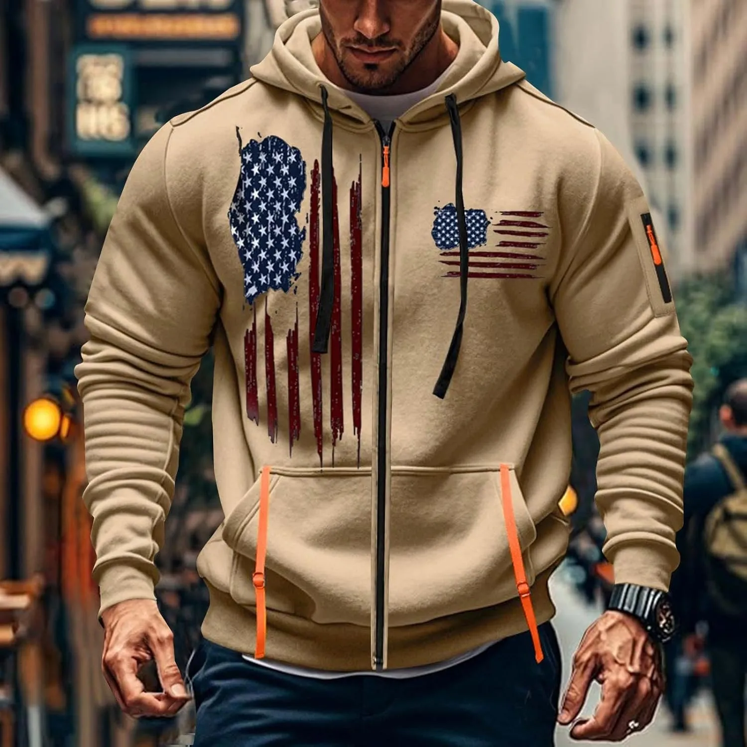American Flag Hoodie Hoodies for Men Loose Print Zipper Long Sleeved Hoodie Loose Fit Heavyweight American Flag